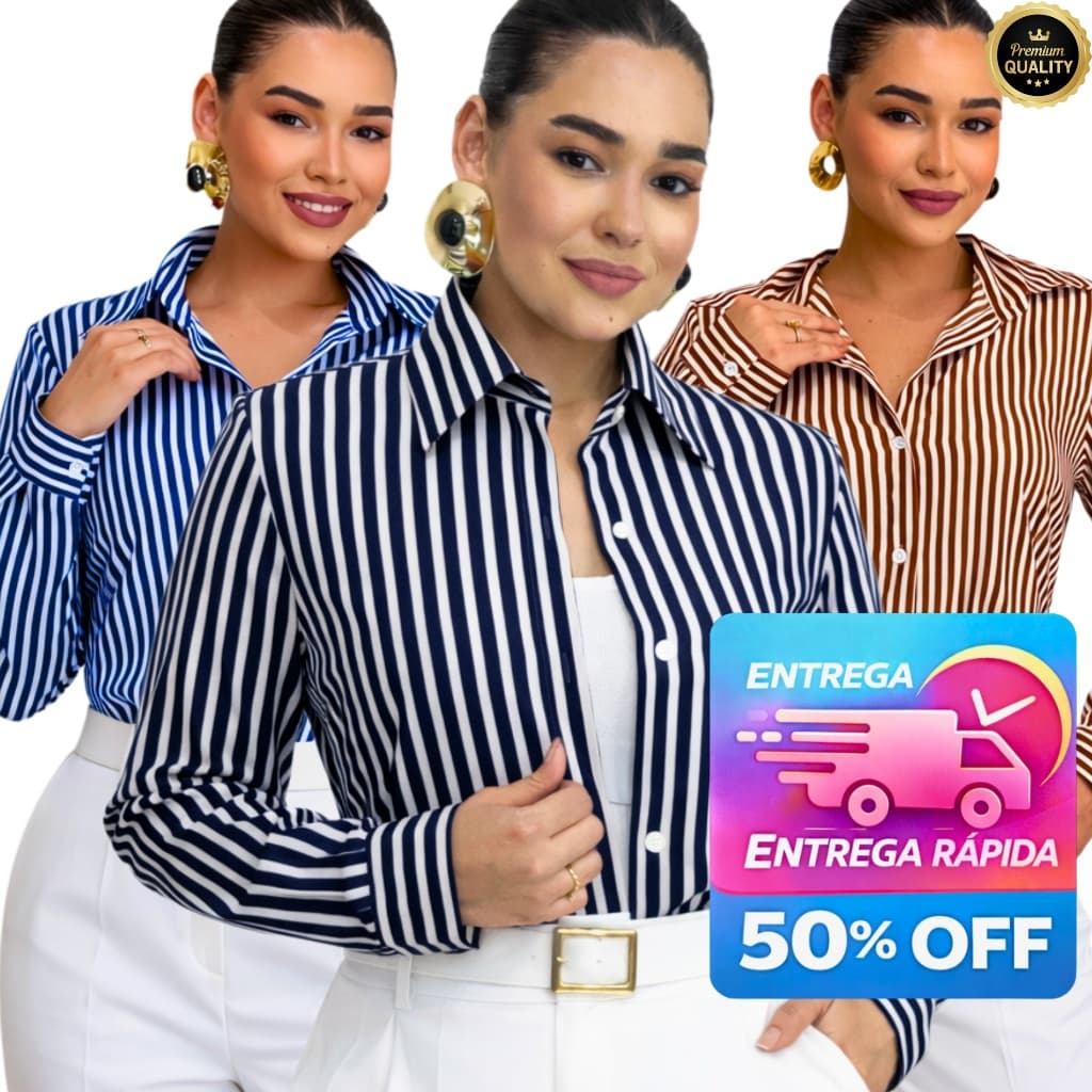 Camisa Feminina Listrada Manga Longa com Punho Elegante Moda Casual Social M ao G1
