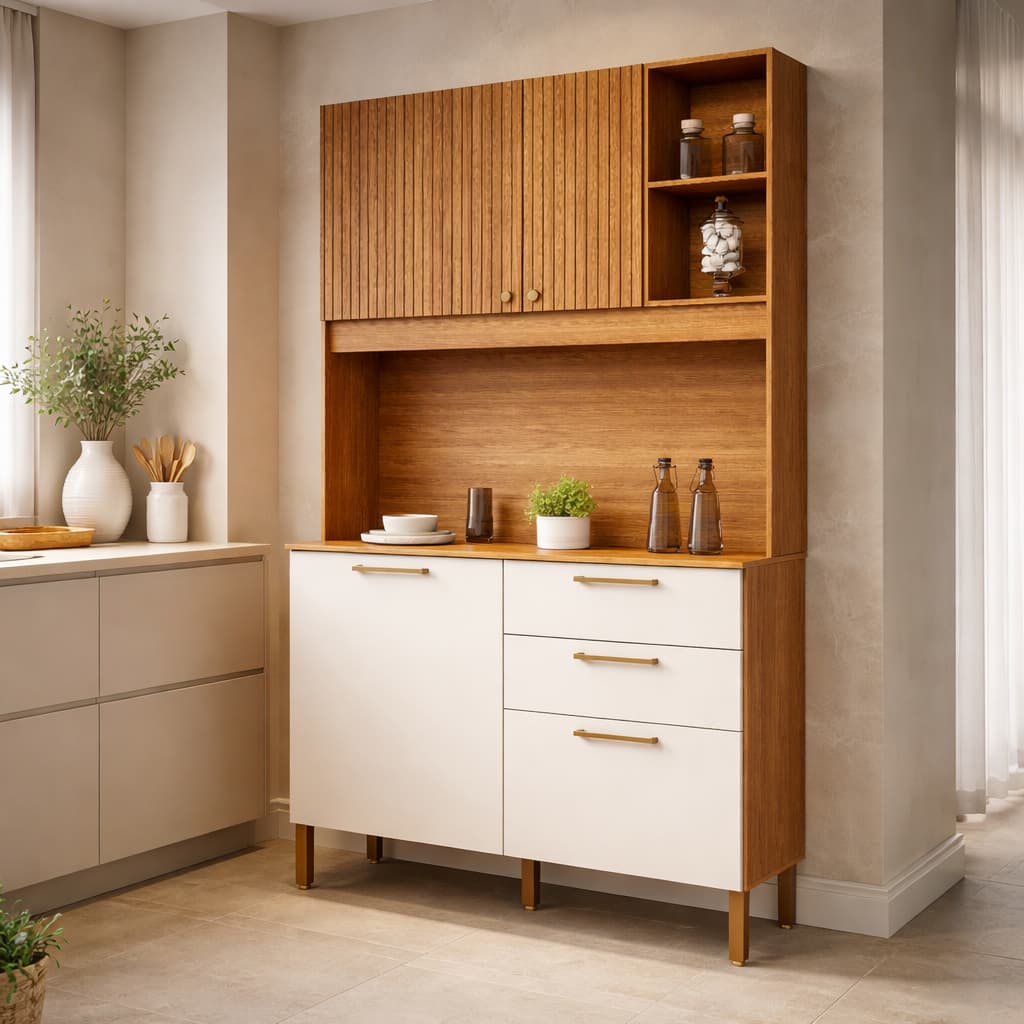 Armário De Cozinha Maximus 120cm MDP Madeira Compacto Pequeno 4 Portas 2 Gavetas