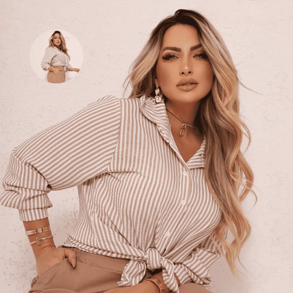 Camisa Plus Size Feminina Listrada Manga Longa Crepe Premium