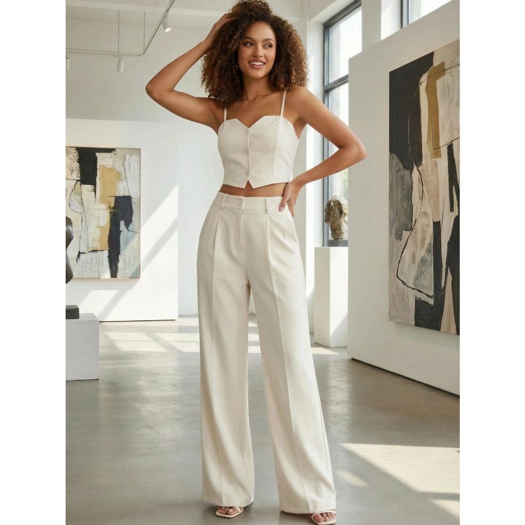 REF：Y282 - CONJUNTO ALFAIATARIA TOP DE BOTÕES E CALÇA COM PREGAS