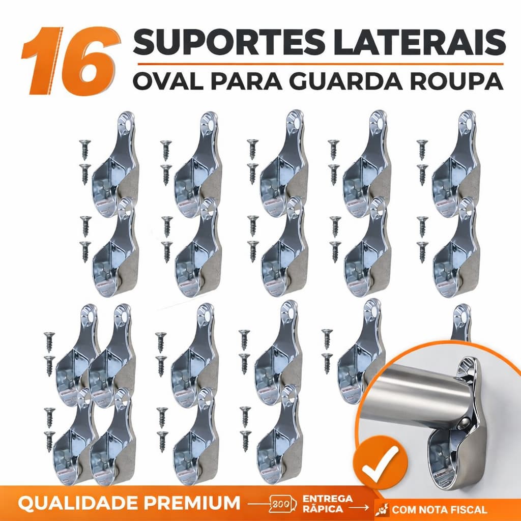 Kit com 16 UND Suporte Lateral Para Guarda Roupa Tubo Cabideiro Oval Oblongo