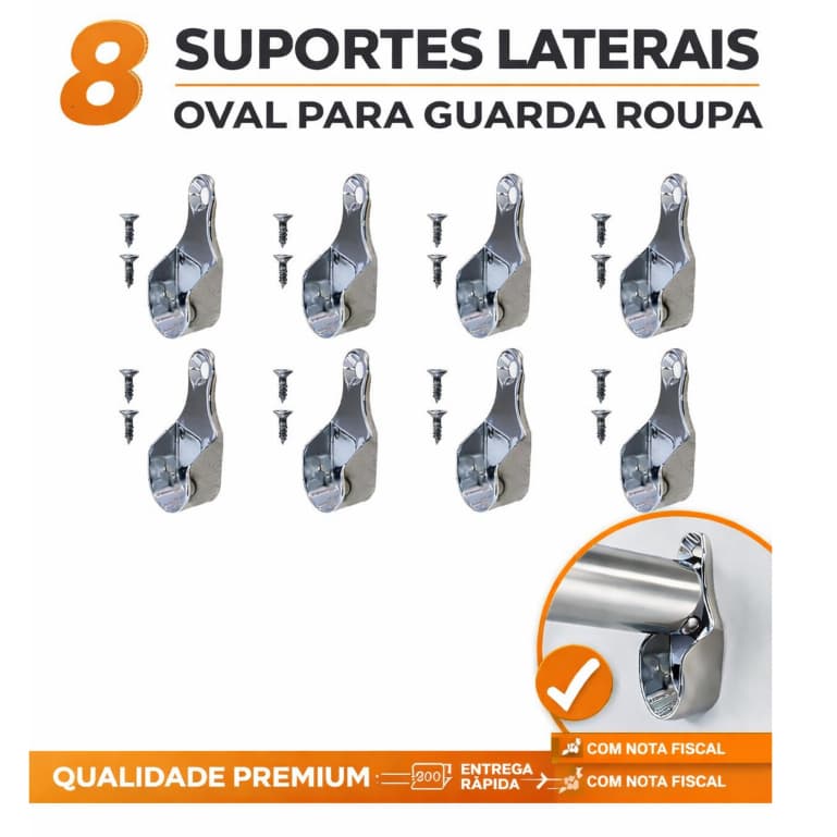 Kit com 8 UND Suporte Lateral Para Guarda Roupa Tubo Cabideiro Oval Oblongo