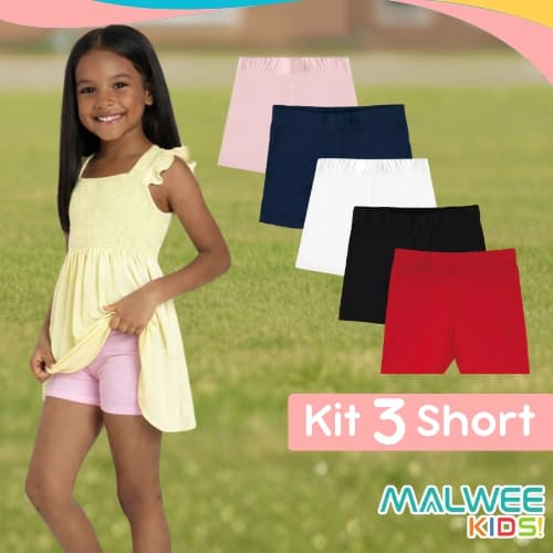 Short Cotton Infantil Menina Kit 3 Liso Básico Malwee Usar Embaixo do Vestido Escola