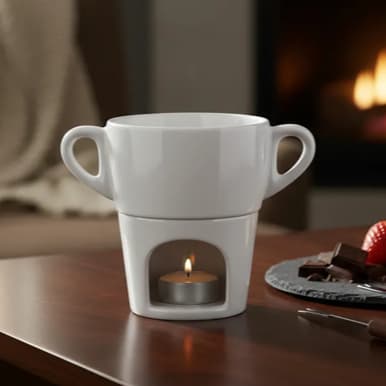 Kit 2 Canecas Fondue de Porcelana Branca + 2 Velas para Fondue