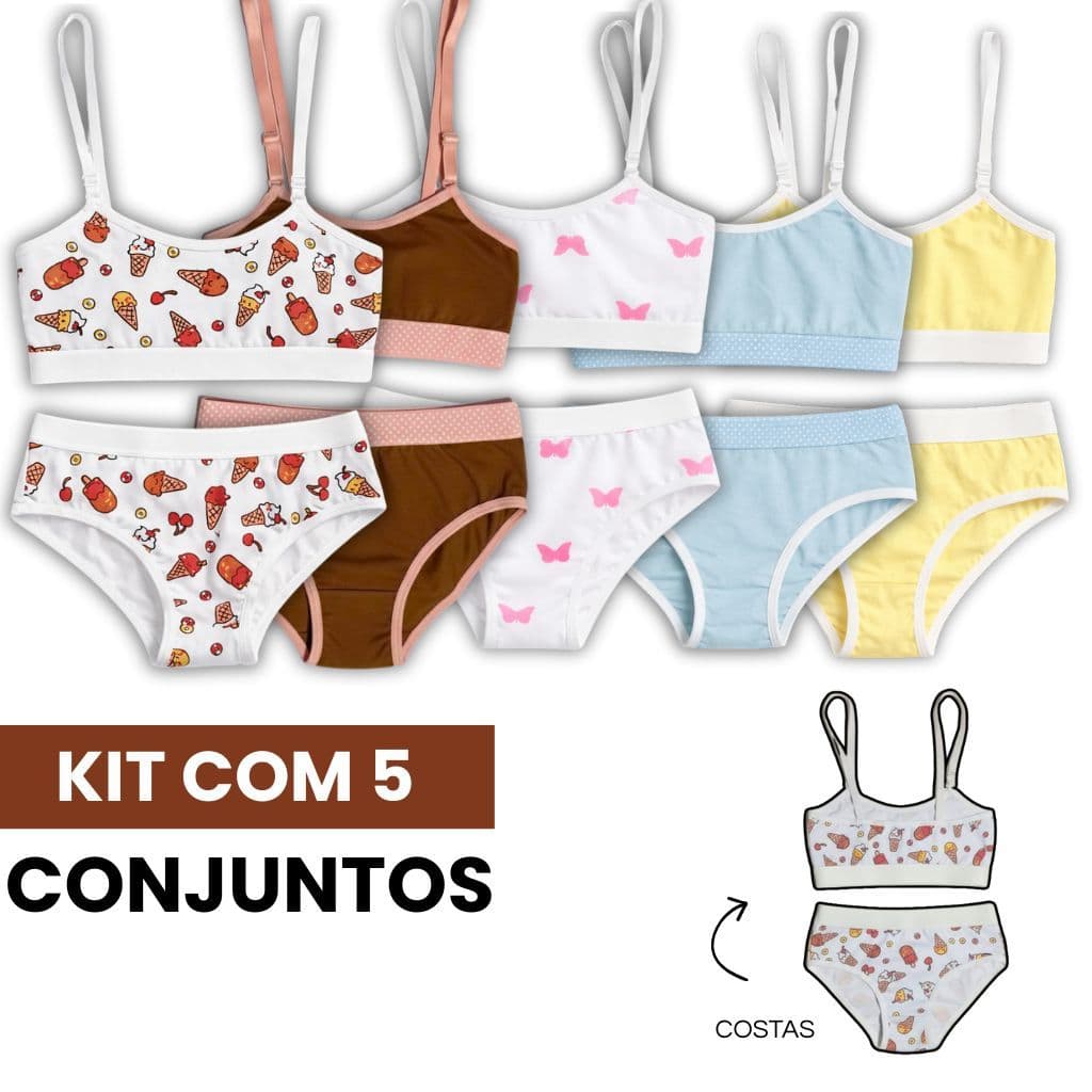 Kit 5 Conjuntos Juvenil Algodão Menina Top Calcinha Lia Conforto Dia a Dia Estampado Variado