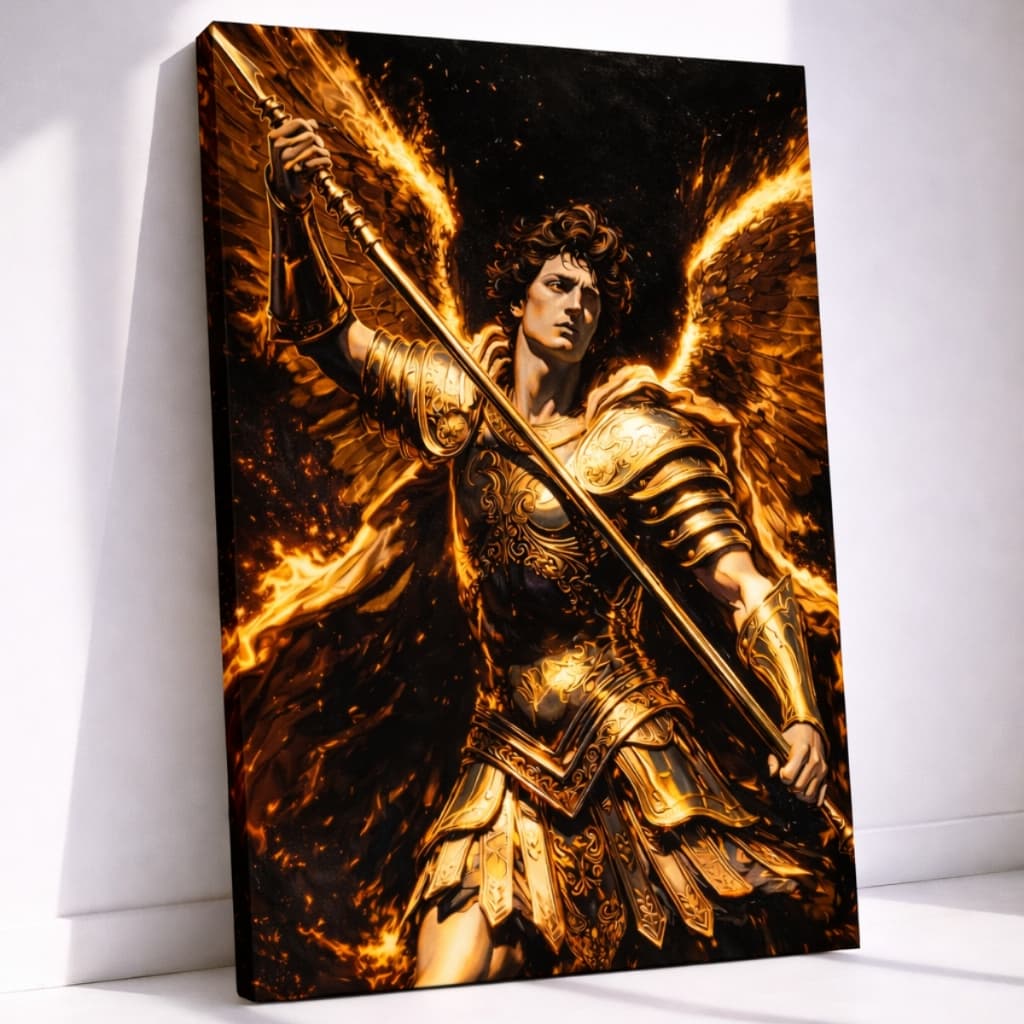 Quadro Decorativo São Miguel Arcanjo 110x80 Arte Religiosa Dourado Preto Parede Hall Sala Quarto MDF