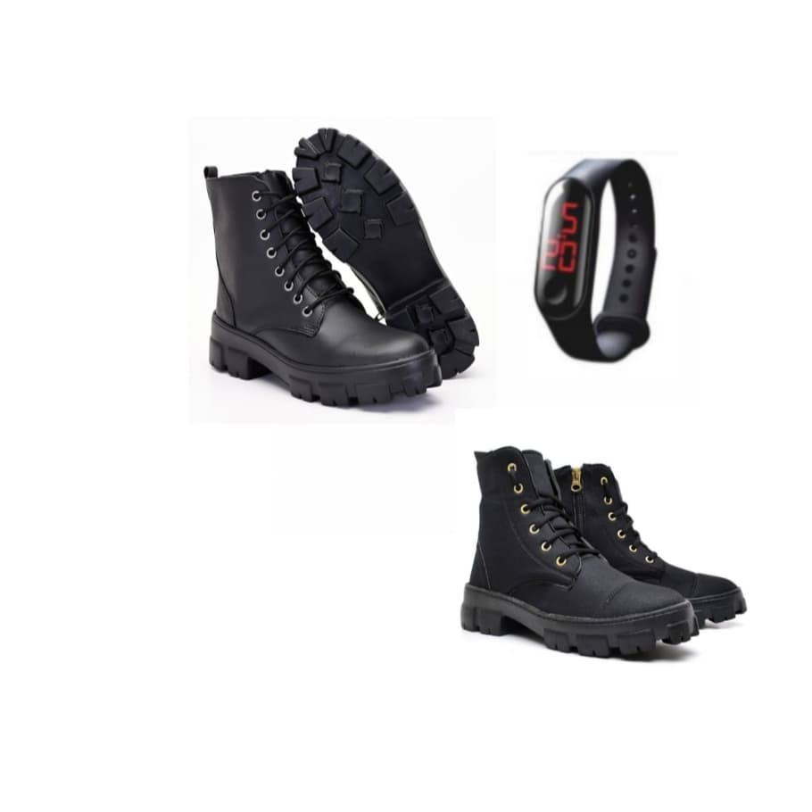 Bota coturno feminina preta com zíper lateral cano médio tratorado+ bota coturno feminina preta cano médio tratorado