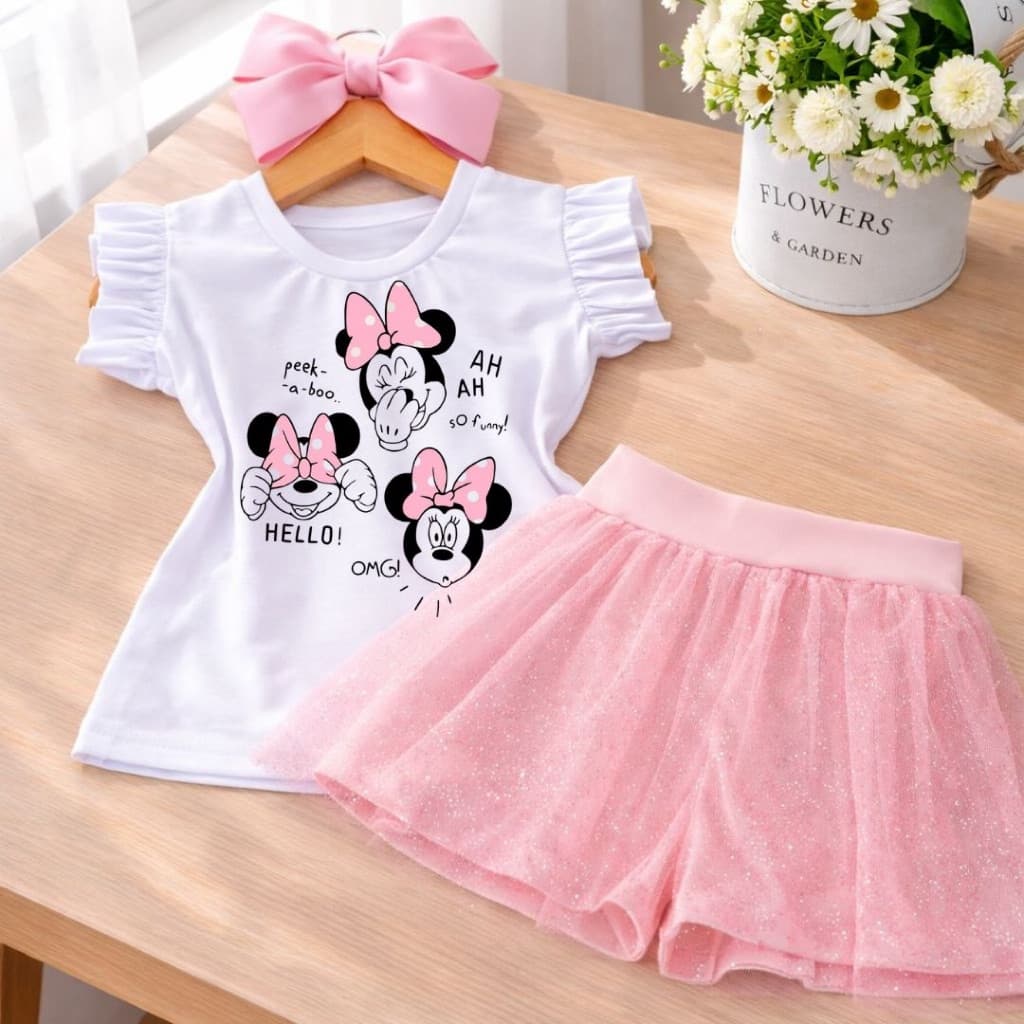 Conjunto Infantil Menina Estilo Bonequinha Blusa Expressões Divertidas Tule Rosa Brilhante minneii meia estação feminina