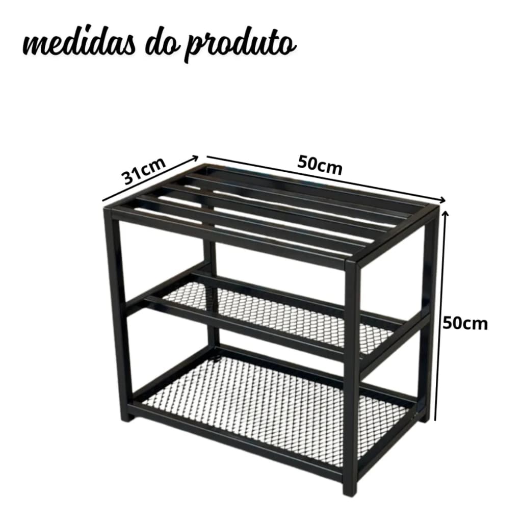 Sapateira Banco Organizador Preto e Branco 50cm Total Metal Com Tela Sala Quarto Casa Decoração Prática Sapatos Armazena
