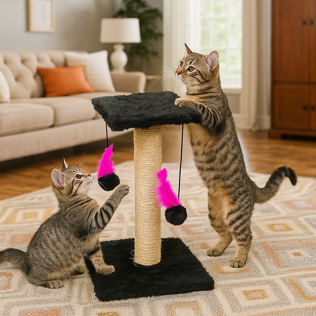 Arranhador Com Brinquedo Duplo Para Gatos Poste Sisal com Bolinha Pet
