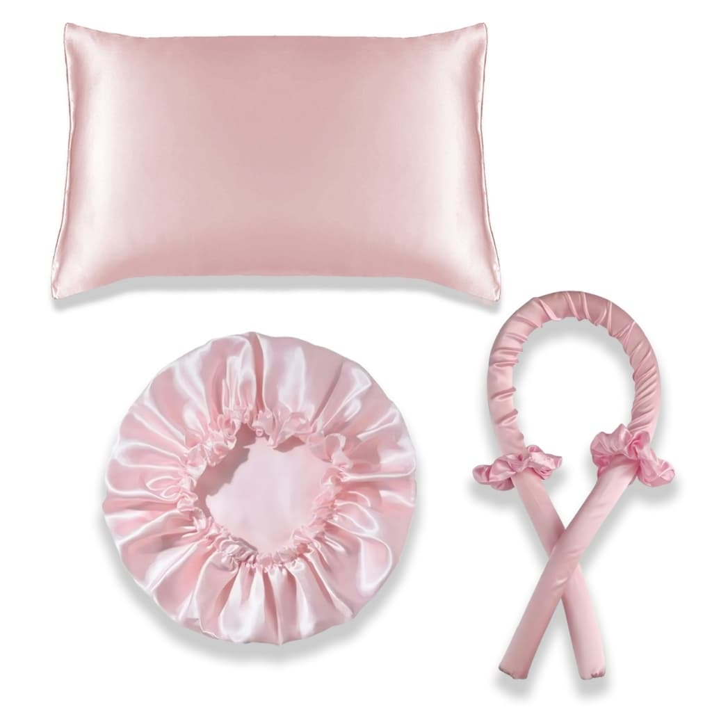 Kit Cetim 1 Touca de Cetim + 1 Fronha de Cetim + 1 Modelador Curling Rod + 2 Xuxinha Cacho Rosa Bebê