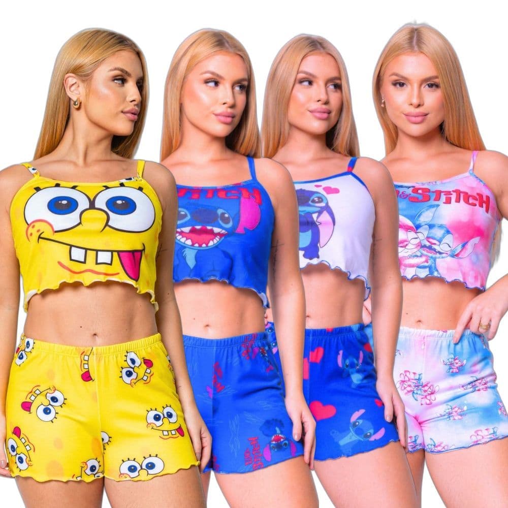 Pijama Feminino Baby Doll Curto Cropped Ondinha Personagens