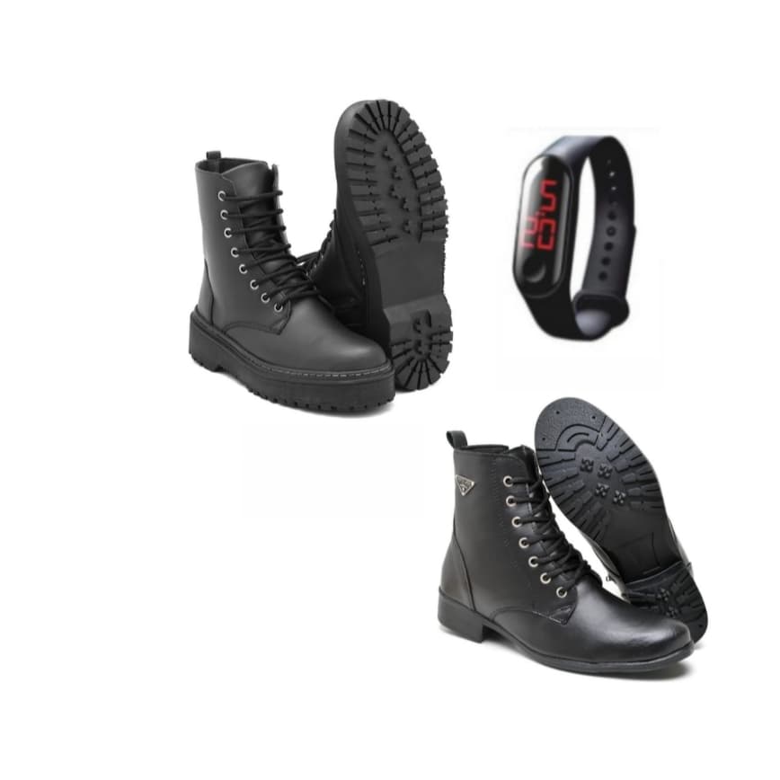 Bota coturno feminina cano baixo preta+ bota coturno feminina cano médio preta solado reto