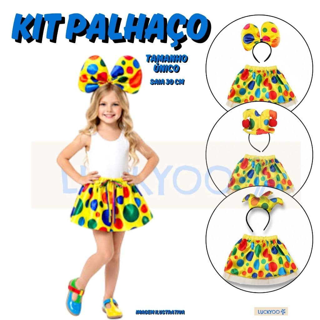 Saia Cetim + Tiara Fantasia Palhaça Infantil Colorido Estampa Circo Aniversário Carnaval Festa Apresentação