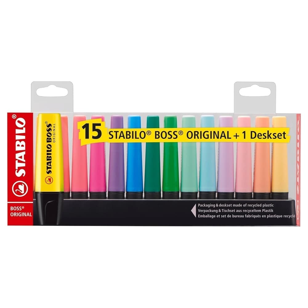 Kit 15 Marca Textos Stabilo Boss + Suporte de mesa