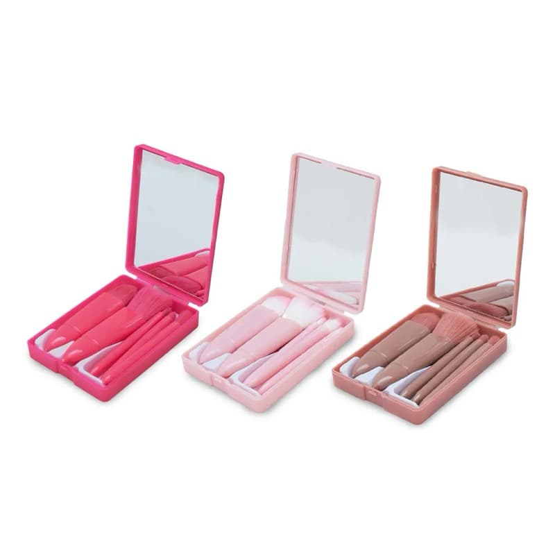 Kit 5 Pincéis Maquiagem com Espelho Rosa para Rosto e Olhos Linda Embalagem Para Levar na Bolsa