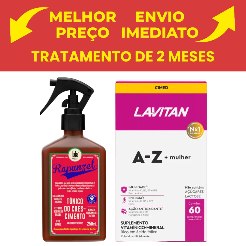 Kit com 1 Vitamina Lavitan Mulher - Cimed + 1 Tônico Capilar Rapunzel Lola