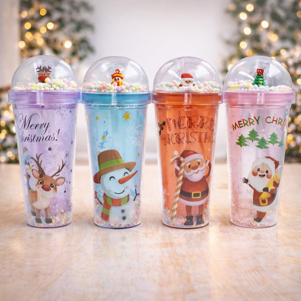 Copo Natalino Parede Dupla Tampa Canudo 450ml Tema Natal Resistente