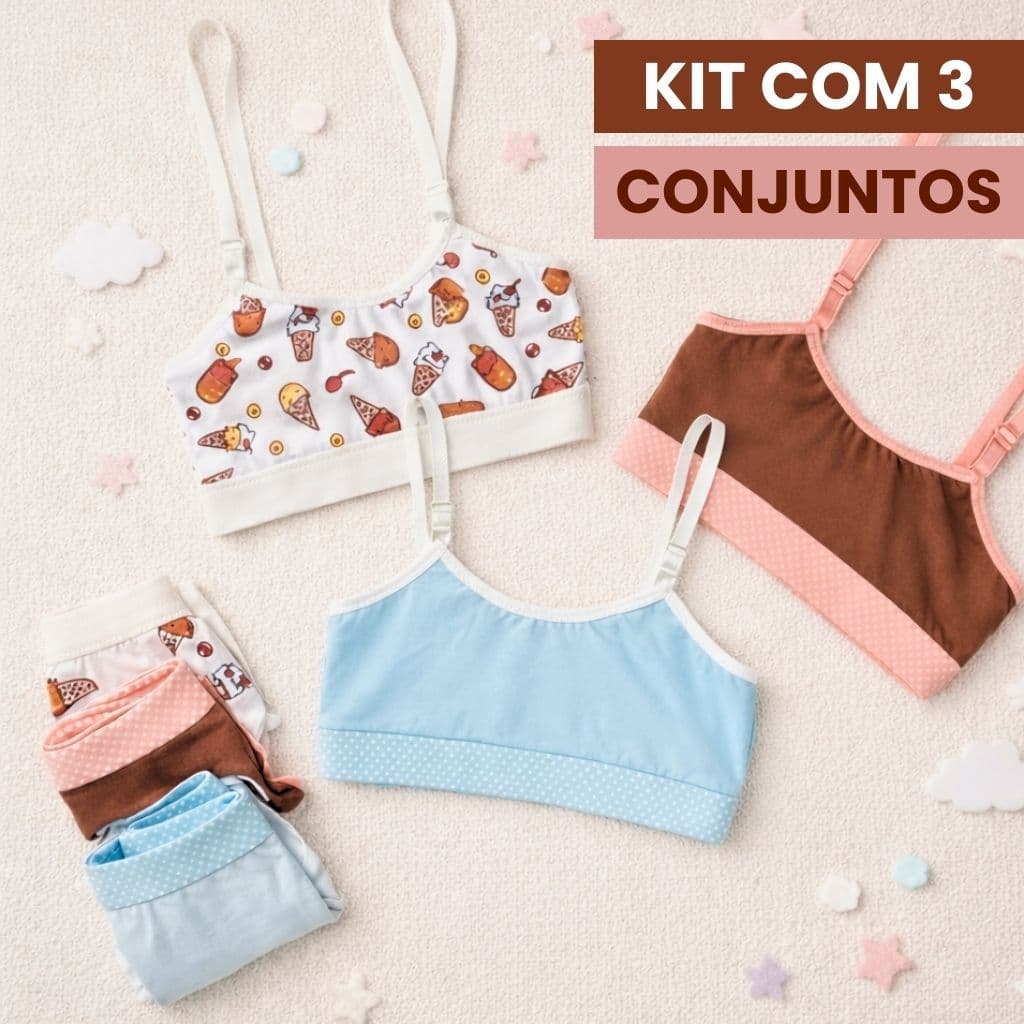 Kit 3 Conjunto Infantil Menina Moça Sutiã Calcinha Algodão Sem Bojo Juvenil Confortável Escola Dia a Dia