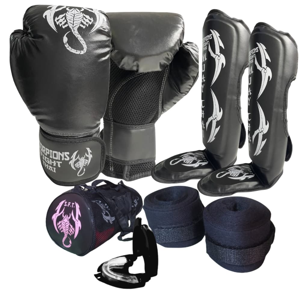 Kit Muay Thai Boxe Luva, Caneleira Bandagem, Bucal Bolsa Scorpions