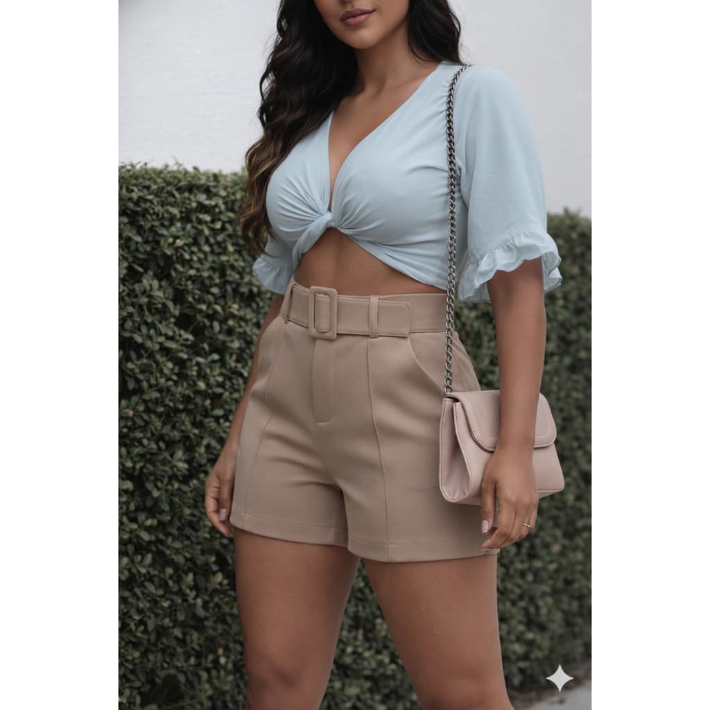 Short Alfaiataria Feminino Cintura Alta com Cinto da Mesma Cor Elegante do P ao GG