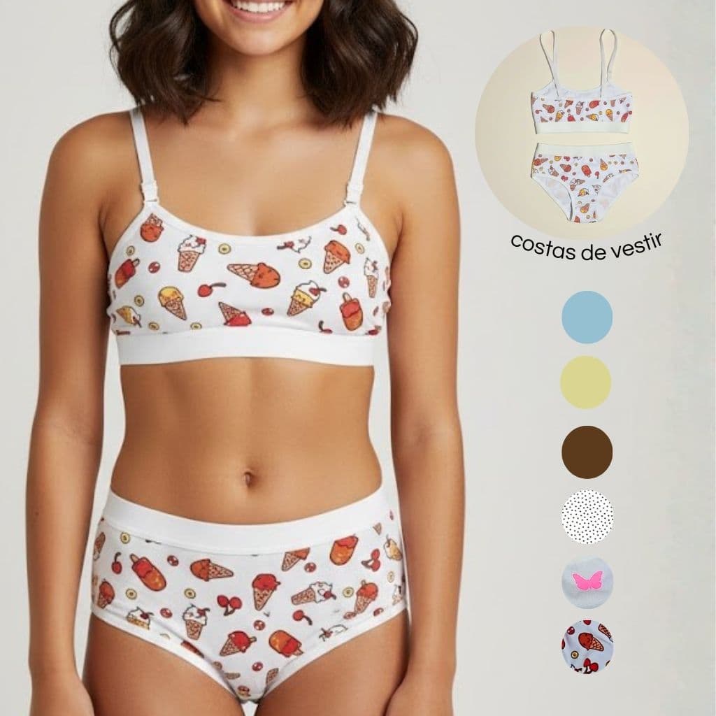 Conjunto infantil menina moça algodão sutiã e calcinha juvenil top sem bojo estampado