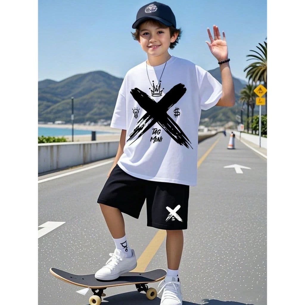 Conjunto Infantil Masculino Camisa Branca e Bermuda preta 2 ao 14 anos