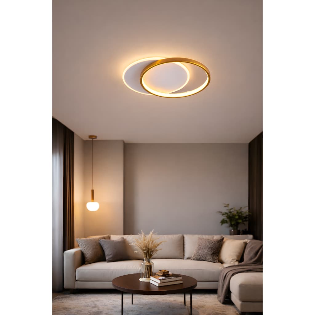Luminária Plafon De Teto 2 Anéis Dourado Minimalista Moderno Bivolt (110/220) 40x40