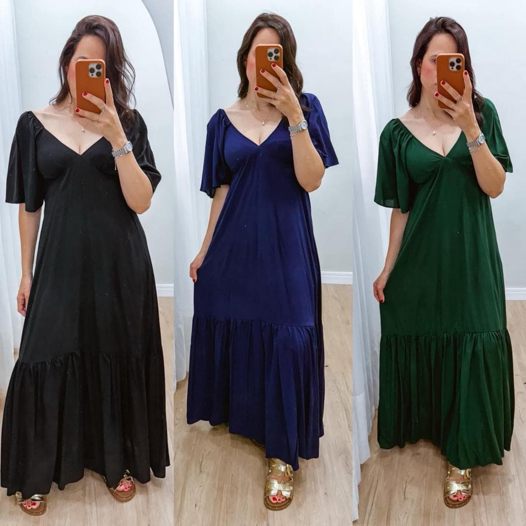 Vestido Longo Midi Feminino Liso com Forro Verão Natal Ano Novo com Manguinha Tendencia Para Mulheres Modernas