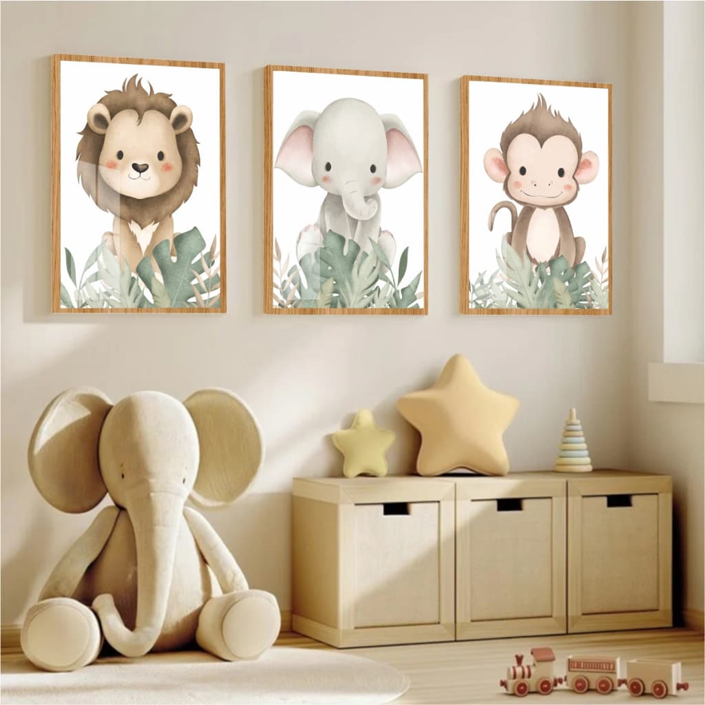 Quadro Moldura e Vidro Decoração Para Quarto Infantil Kit 3 Peças Safari Animais Floresta Fofos Baby