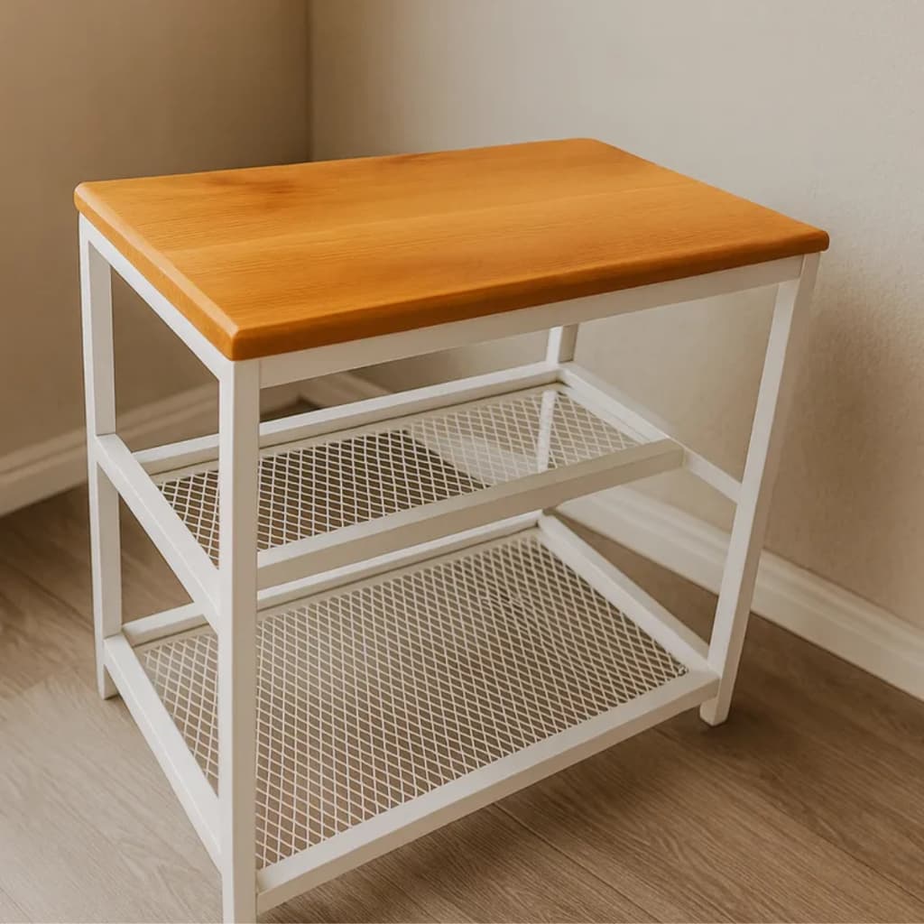 Sapateira Banco Organizador 50cm Com Tela Madeira Maciça Estrutura Preta e Branca Decoração Sapatos Armazenamento Casa