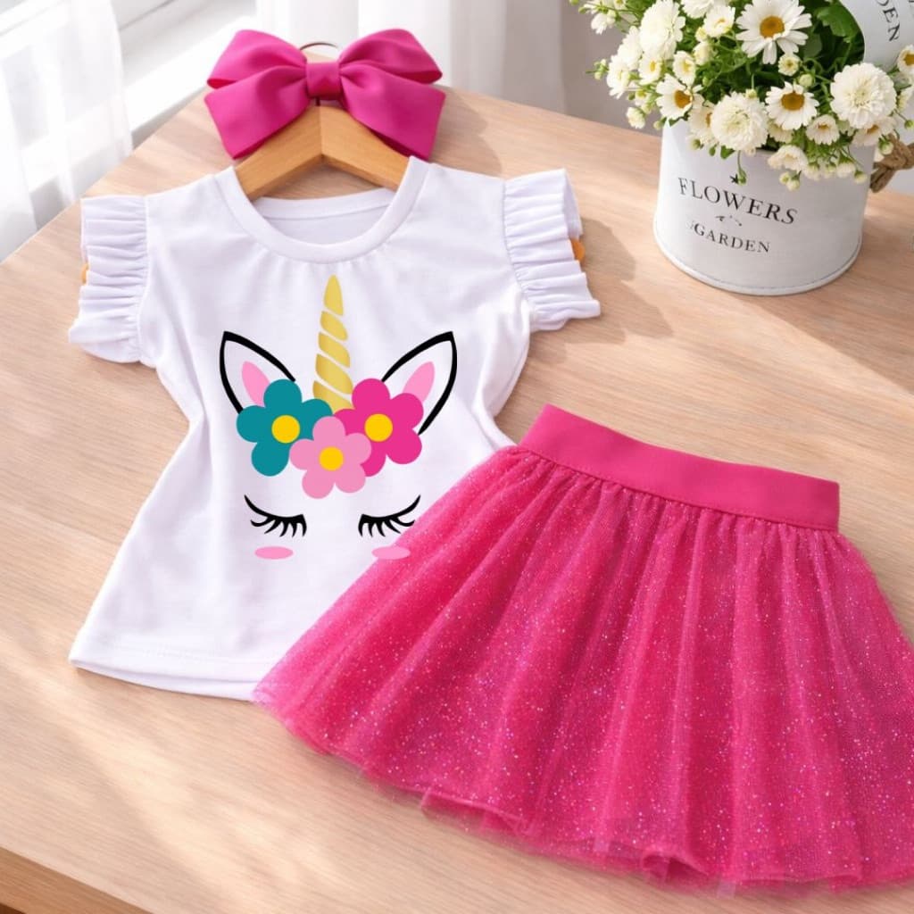 Conjunto Menina Infantil Unicórnio Saia Tule Rosa Pink Blusa Branca Babado