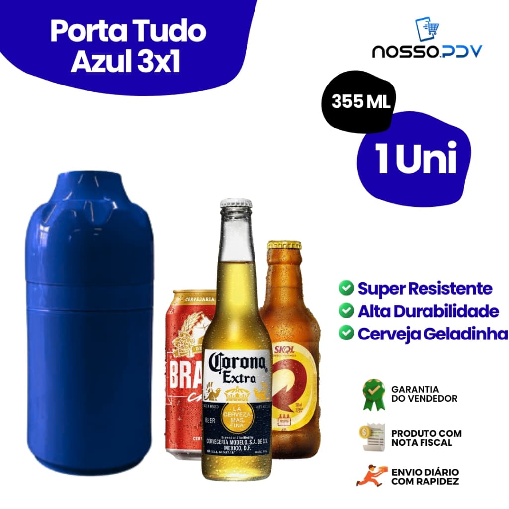 Porta Tudo 3x1 Para Cerveja Long Neck Litrinho Lata 355 ML Cor Azul Parede Dupla Alta Qualidade Envio Rápido