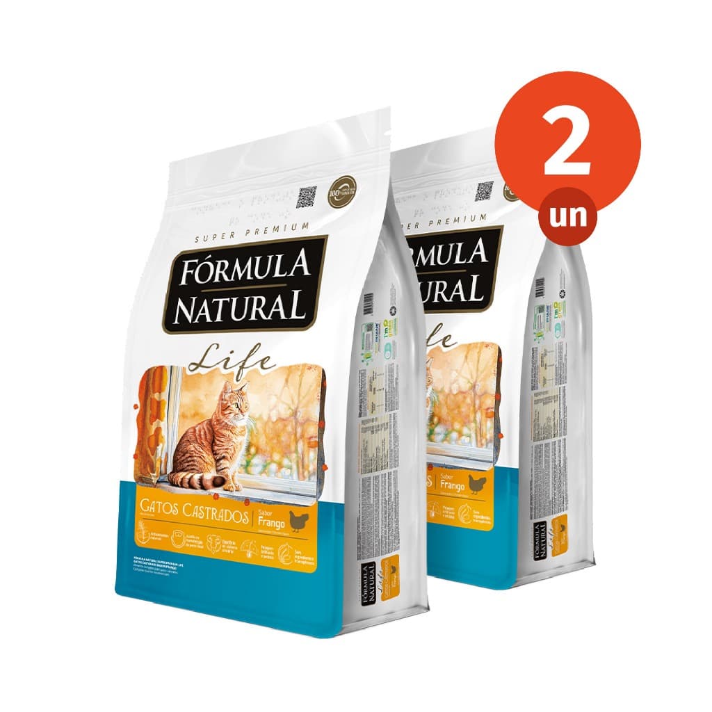 Kit 2 Ração Fórmula Natural Life Gatos Castrados Sabor Frango 1kg Adimax Total de 2kg