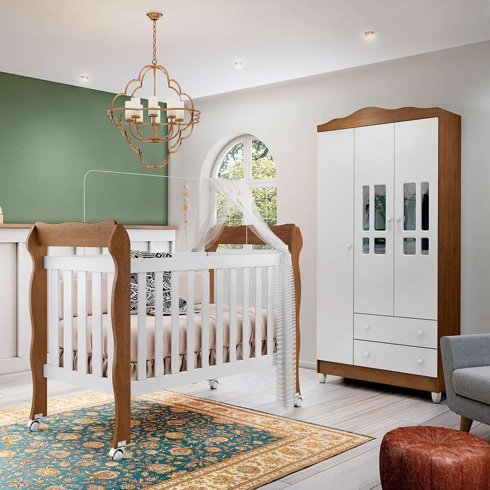 Quarto Bebê Retrô Completo Berço Americano Marquesa 3Em1 Lila Guarda Roupa 3 Portas 100% MDF