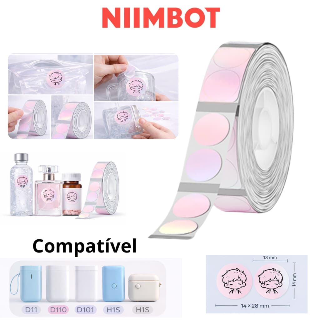 NIIMBOT Rolo Bobina Papel Etiqueta Térmica Transparente Rosa Iridescente 14x28mm 205 Rotulos Compativel  D11 D110 D101