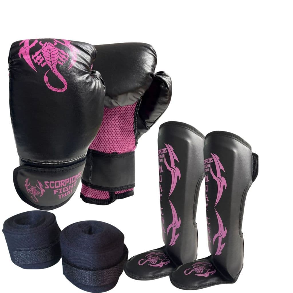 Kit Muay Thai Boxe Kinckboxing Scorpions Luva+Caneleira+Bandagem