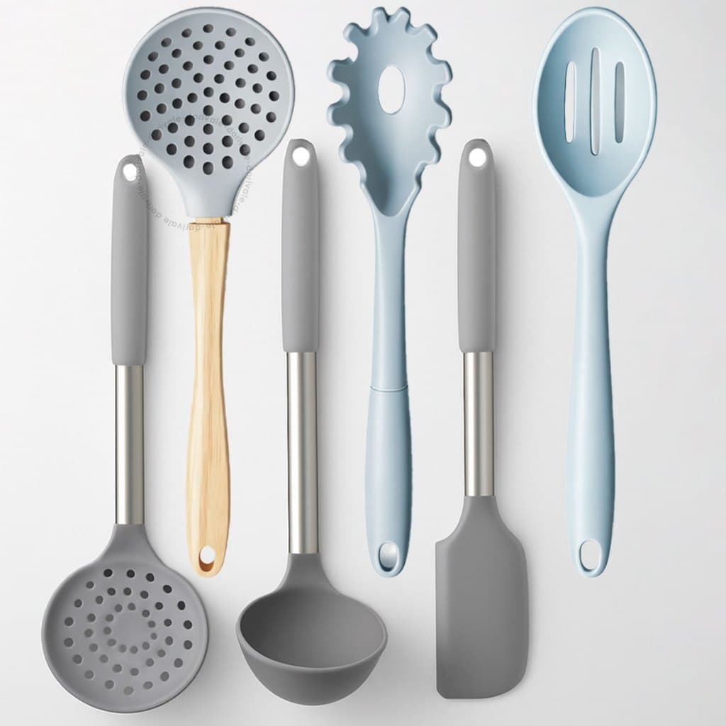 Utensílios Concha Escumadeira Espátula em Inox e Silicone Antiaderente Para Cozinha