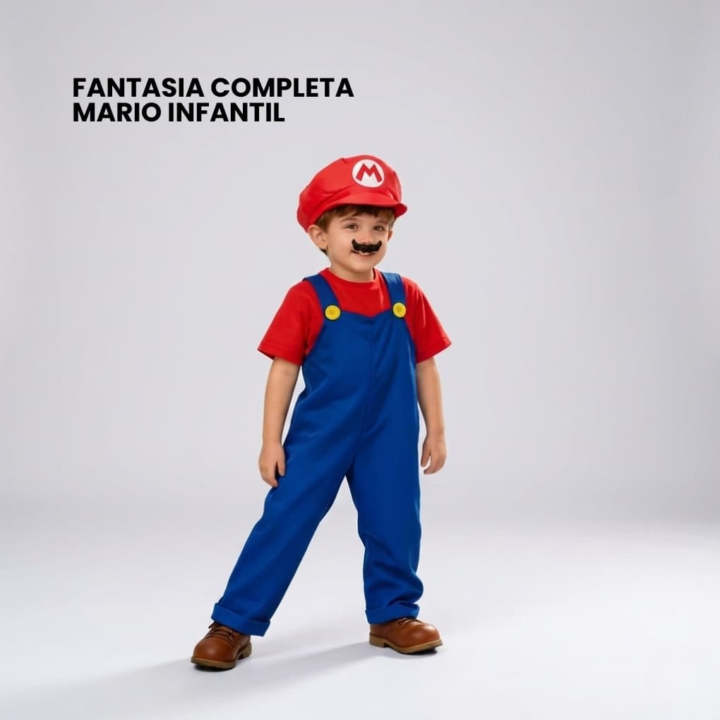 FANTASIA INFANTIL MARIO  CONJUNTO COMPLETO + CHAPÉU + BIGODE DE BRINDE