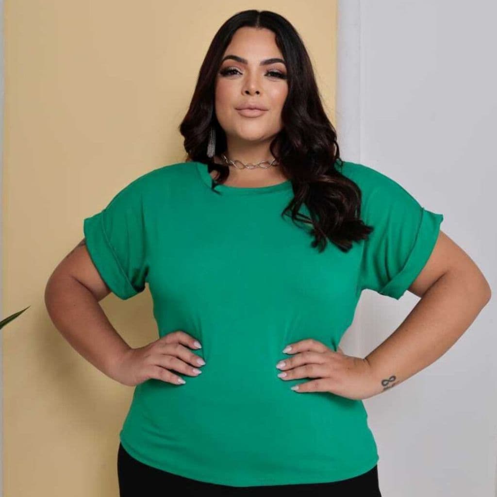 Blusa Feminina Plus Size Viscolycra Conforto E Caimento Manga Com Dobra Fixa