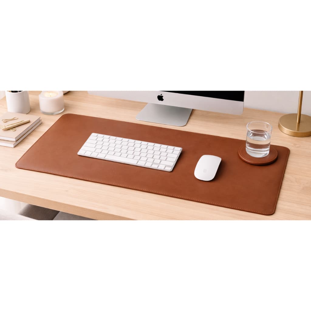Mouse Pad Desk Pad 70x30cm Grande Couro Gamer Escritório Mesa Marrom + Porta Copo
