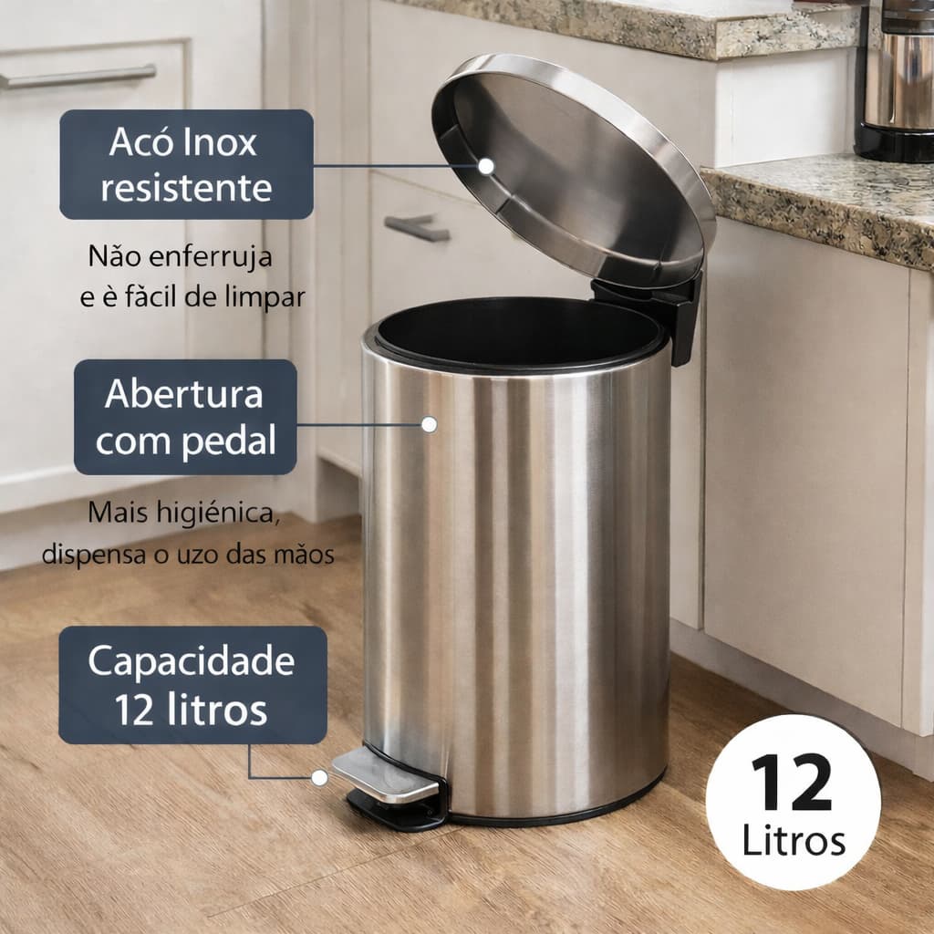 Cesto lixo Lixeira Inox 12L e 5L Slim Com Pedal Balde Interno Banheiro Cozinha Escritorioorio