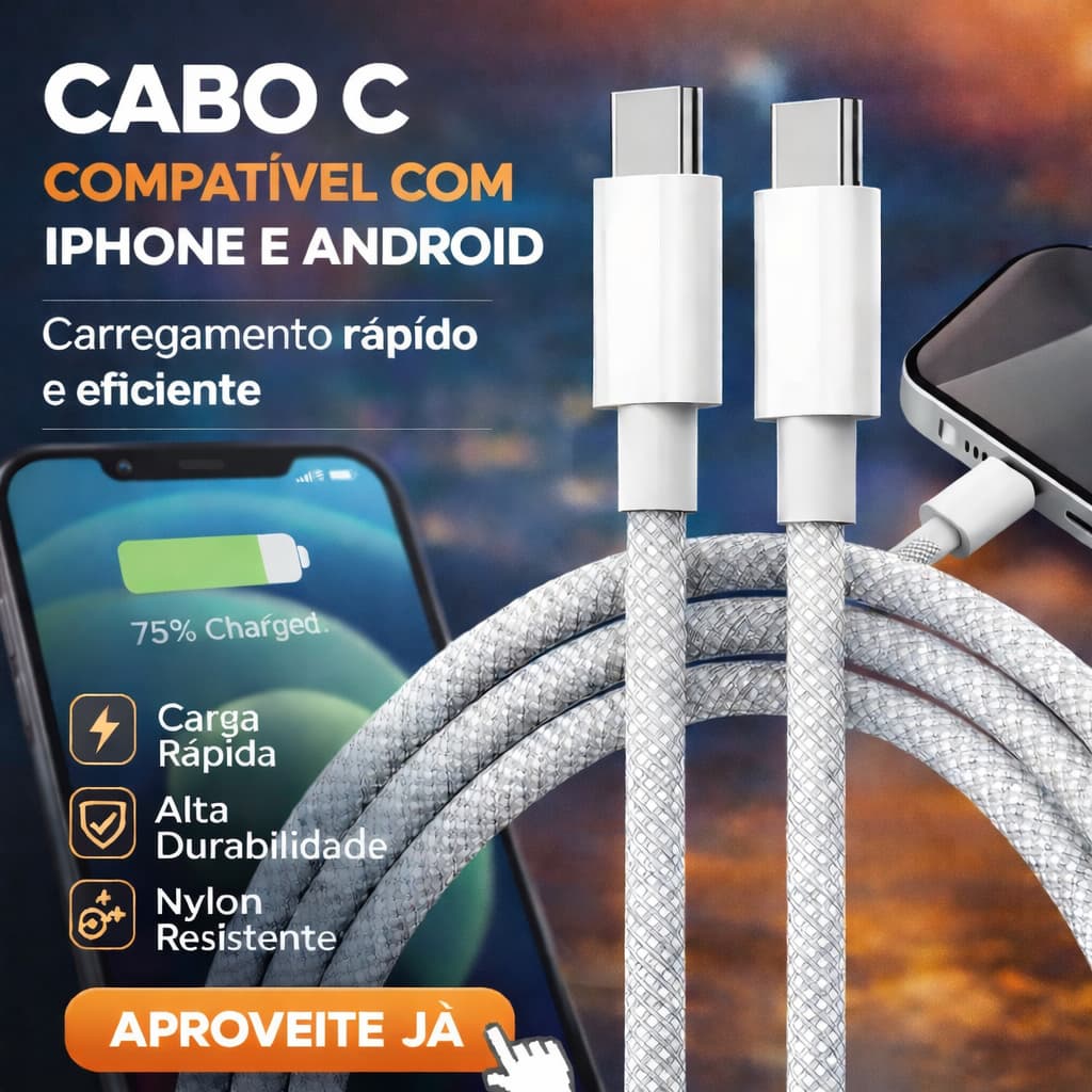 Cabo USB-C Tipo C para iPhone 15 Iphone 16 e Android | Carregamento Rápido | Nylon Flexível Trançado Super Resistente