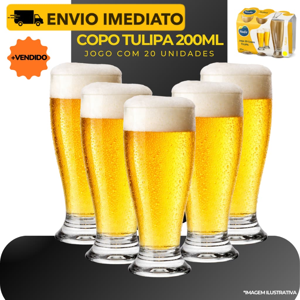 Jogo 20 Copos Tulipa 200ml Munich Cerveja Chopp - Conjunto Vidro Nadir