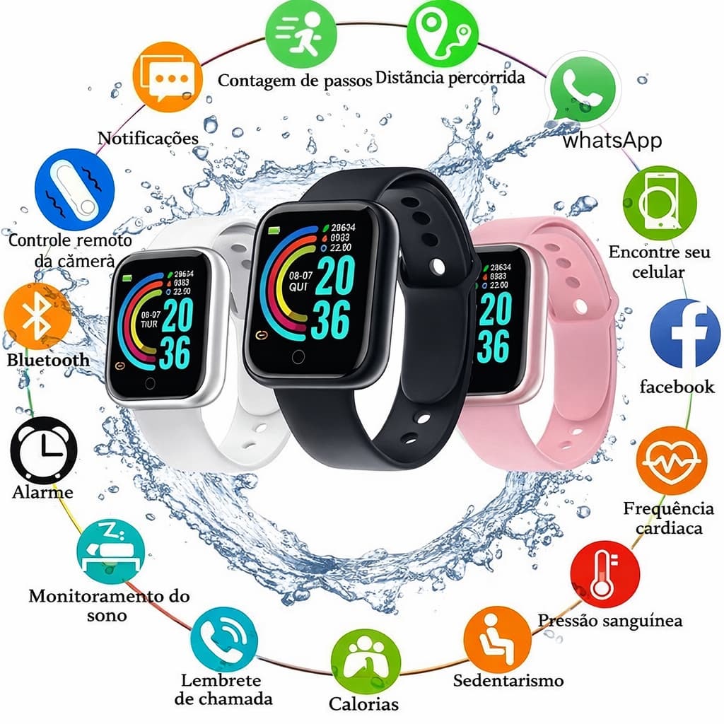 Smartwatch D20 Relógio Inteligente Bluetooth Medidor Pressão Cardíaca Homem Mulher Esportivo à Prova d'Água