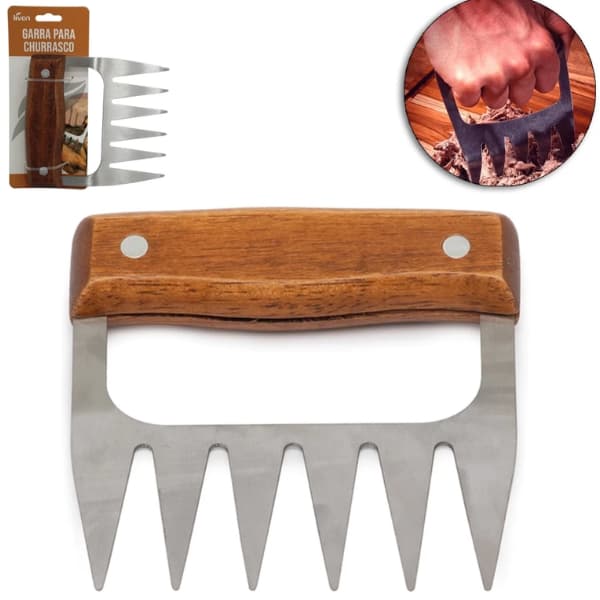 Garfo Garra de Urso Churrasco Inox Madeira Desfiador de Carne Profissional