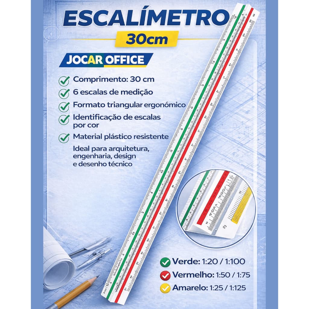 Escalímetro de Plástico 30cm com 6 Escalas Jocar Office Arquitetura e Desenho Técnico