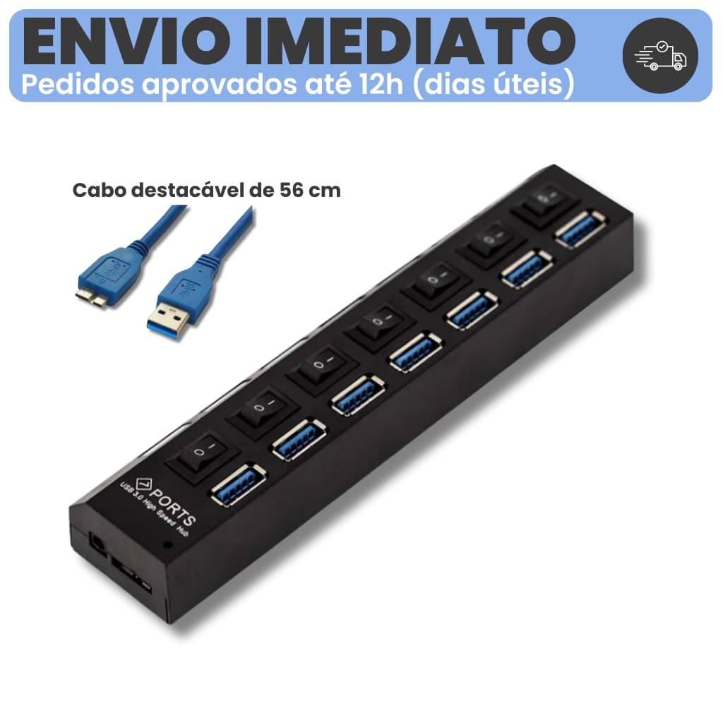 Hub usb 3.0 7 portas cabo destacável botão liga/desliga individual