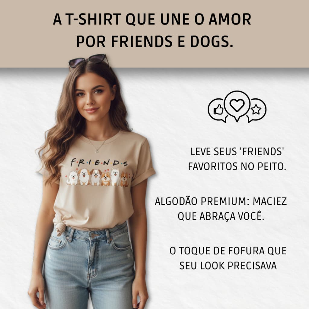 Camisa Friends Versão Cachorrinhos Fofos Algodão Penteado T-Shirt Pet Lover Estilo Confortável