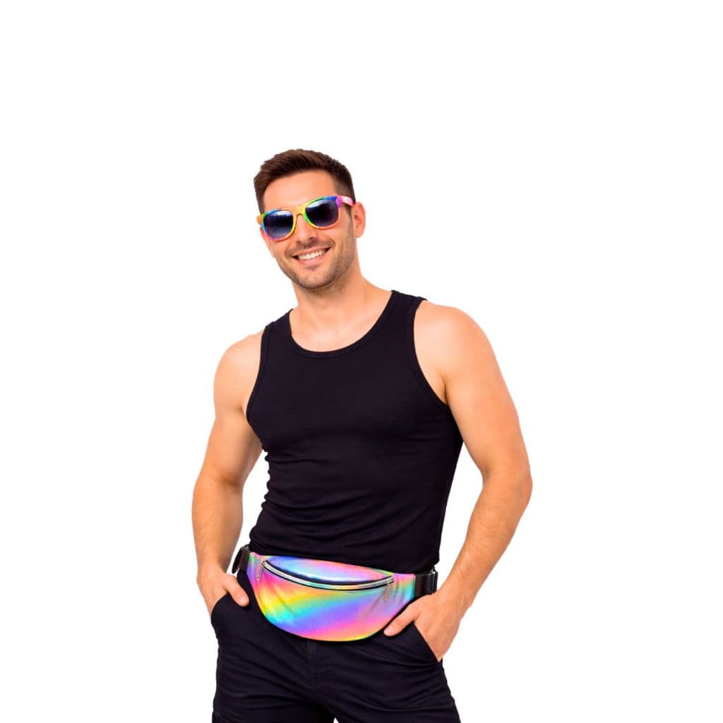 Pochete Metalizada Bolsa Brilho E Óculos Escuro Arco Íris LGBT Carnaval Bloco Show Festival